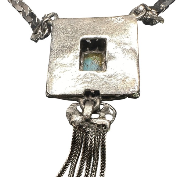 Vintage Etruscan Choker Necklace Tassel Heart Silver Tone Unsigned MCM Statement - Picture 12 of 17